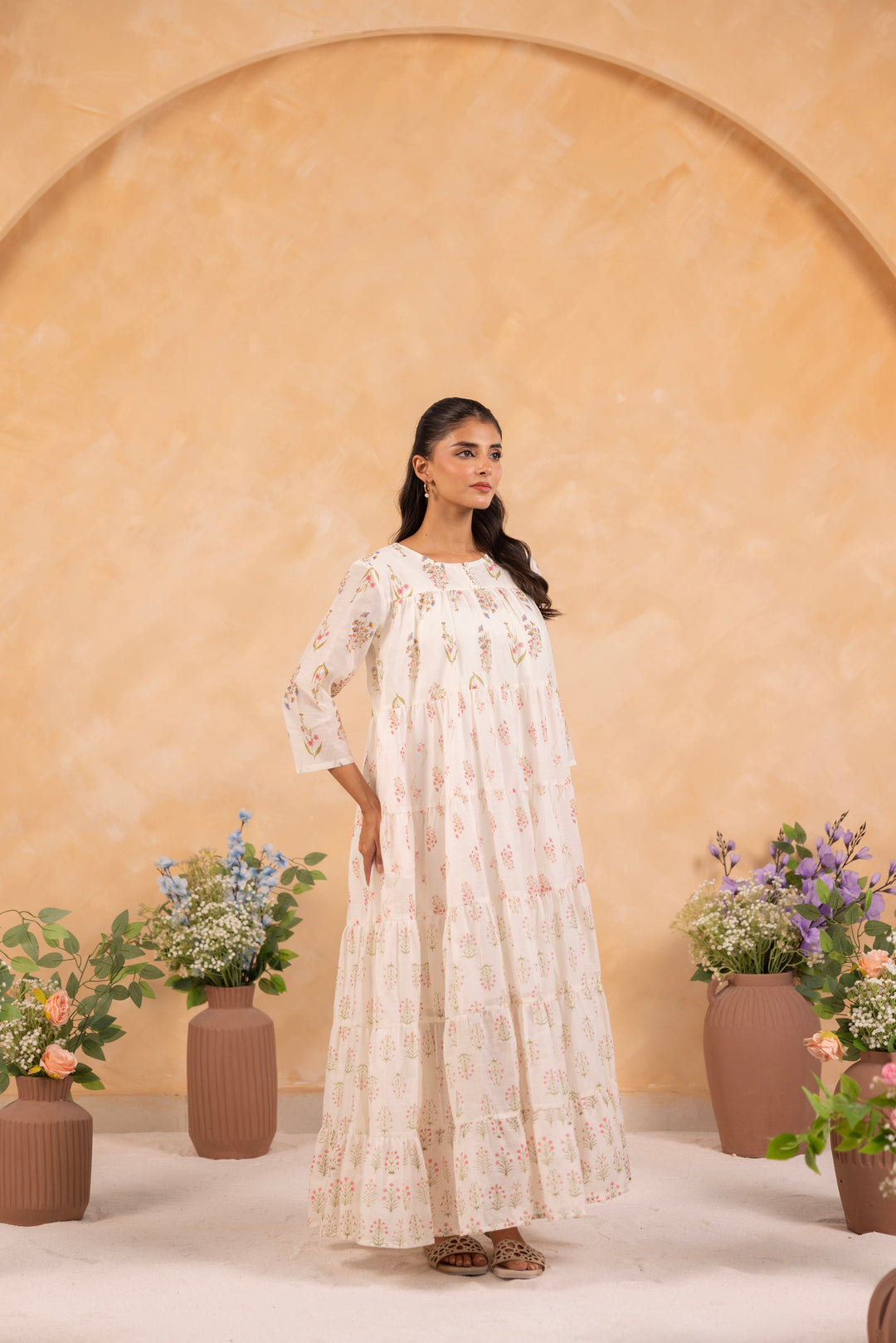 Off White Mul Chanderi Printed Designer Dress