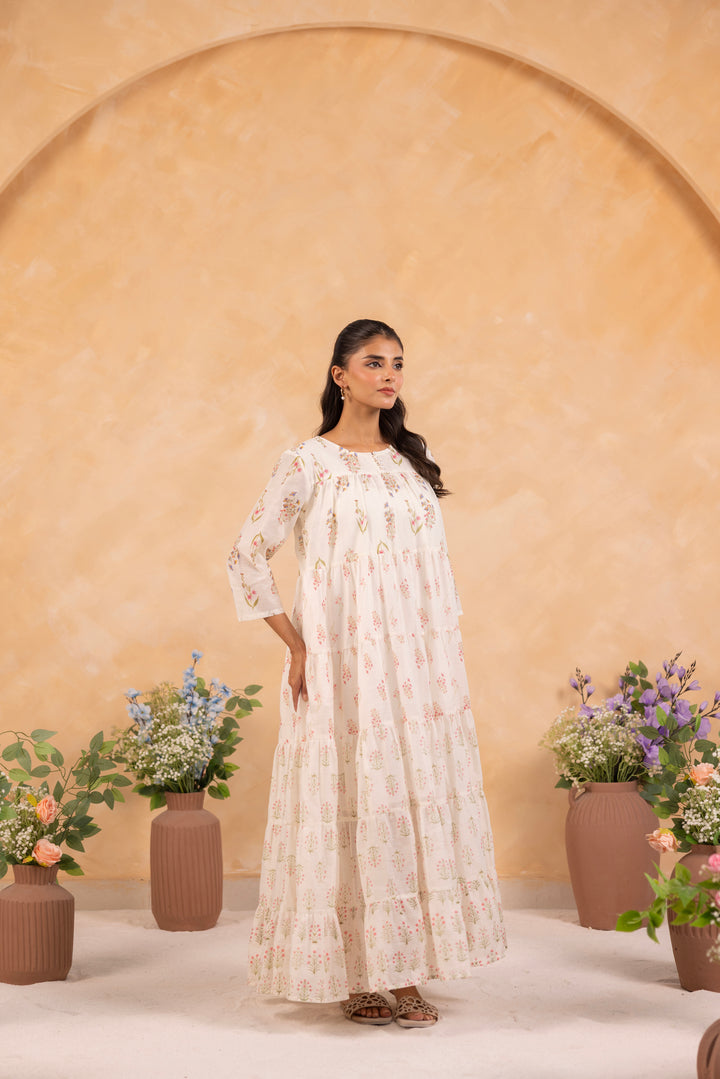 Off White Mul Chanderi Printed Designer Dress