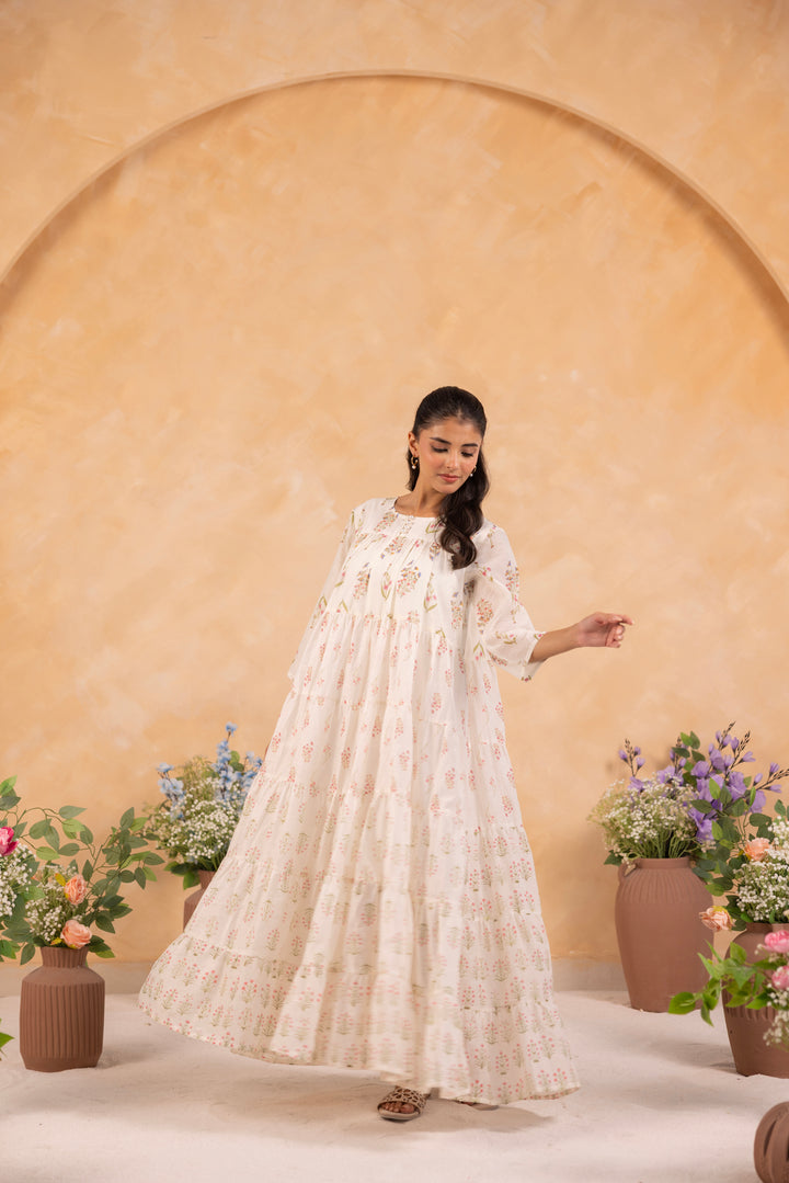 Off White Mul Chanderi Printed Designer Dress