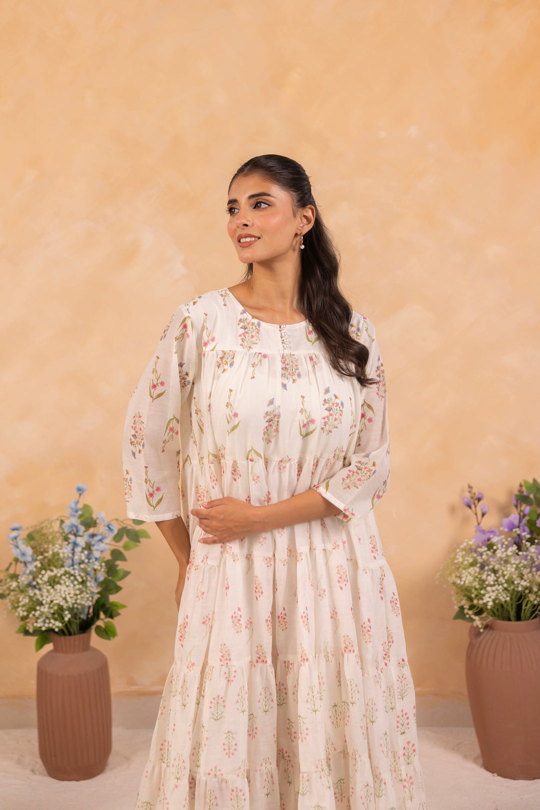 Off White Mul Chanderi Printed Designer Dress