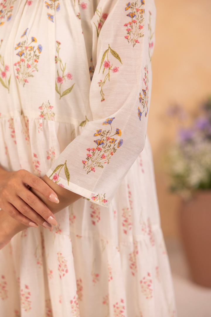Off White Mul Chanderi Printed Designer Dress