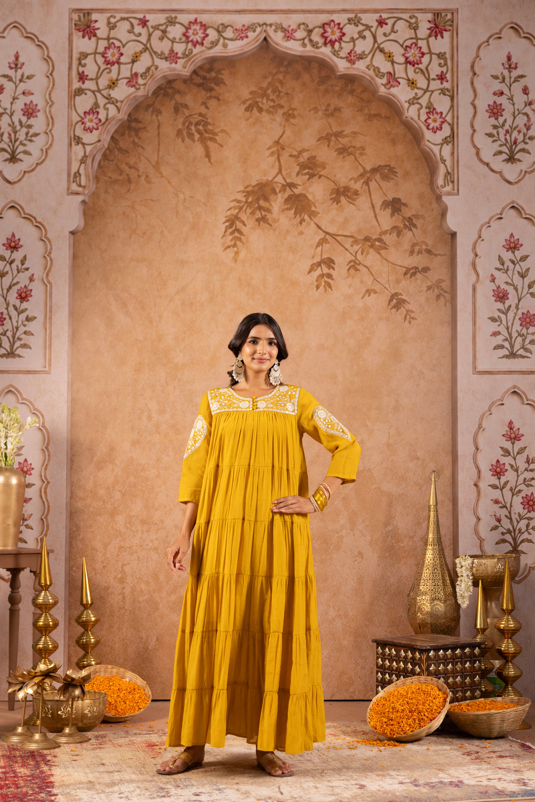 Mustard Mul Chanderi Embroidered Designer Dress