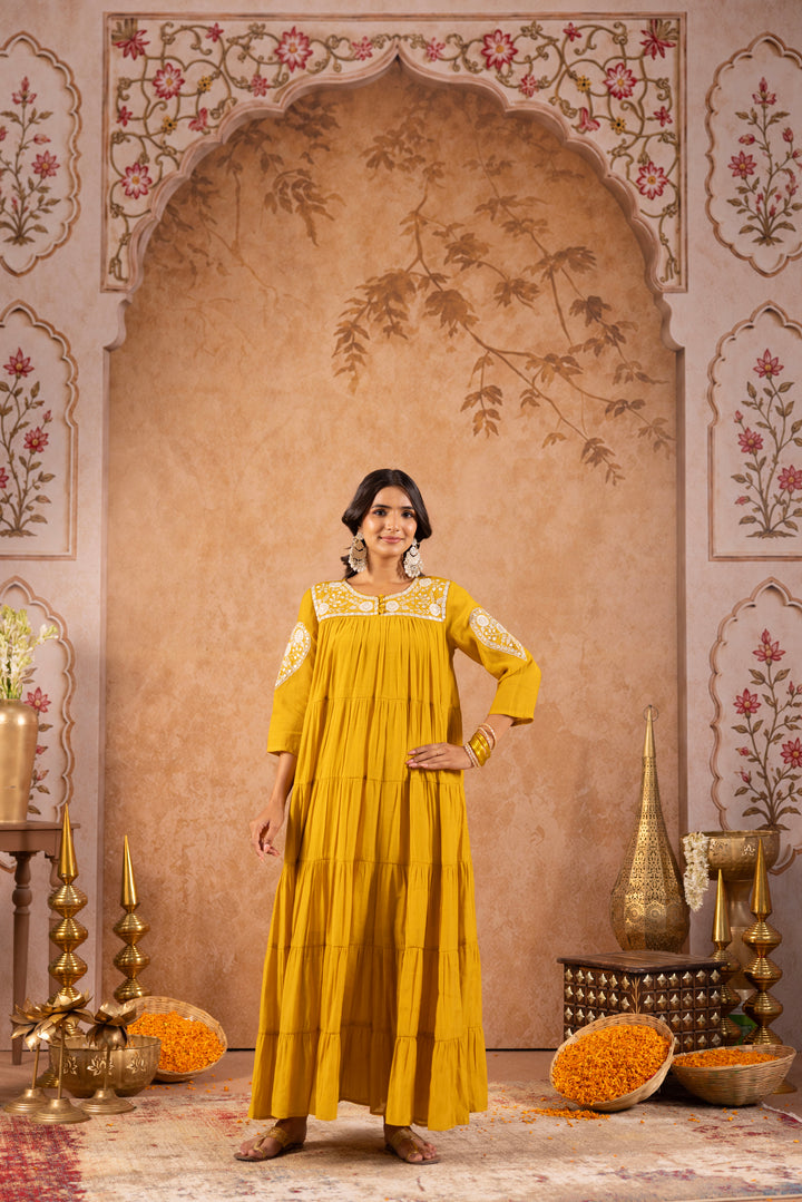 Mustard Mul Chanderi Embroidered Designer Dress