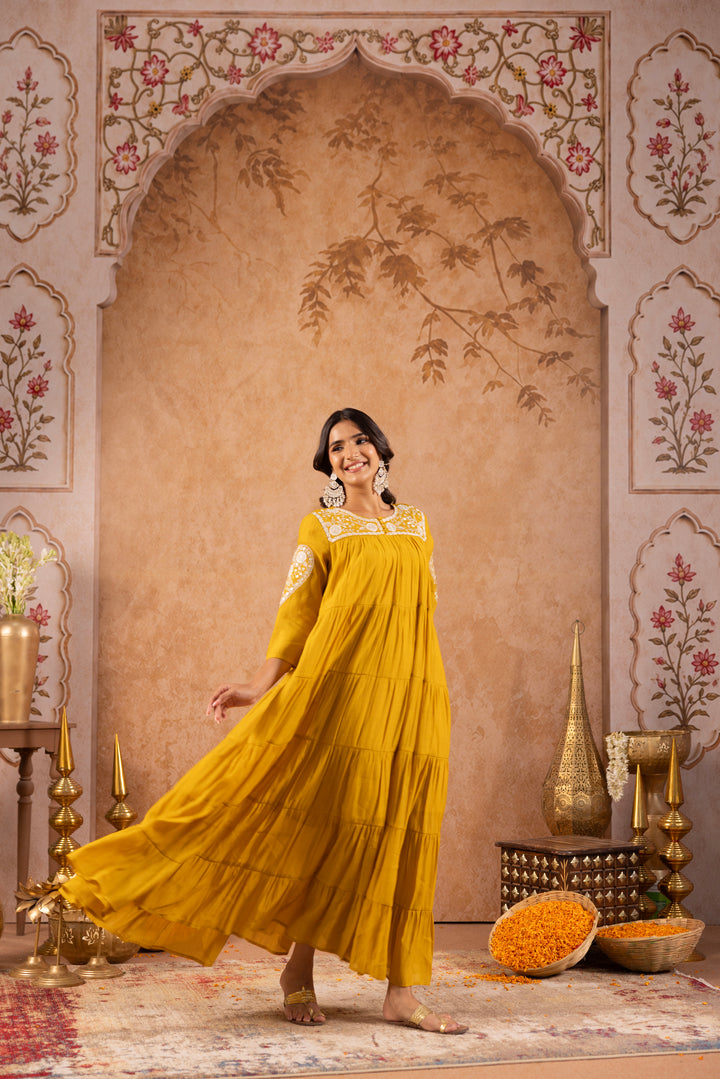 Mustard Mul Chanderi Embroidered Designer Dress