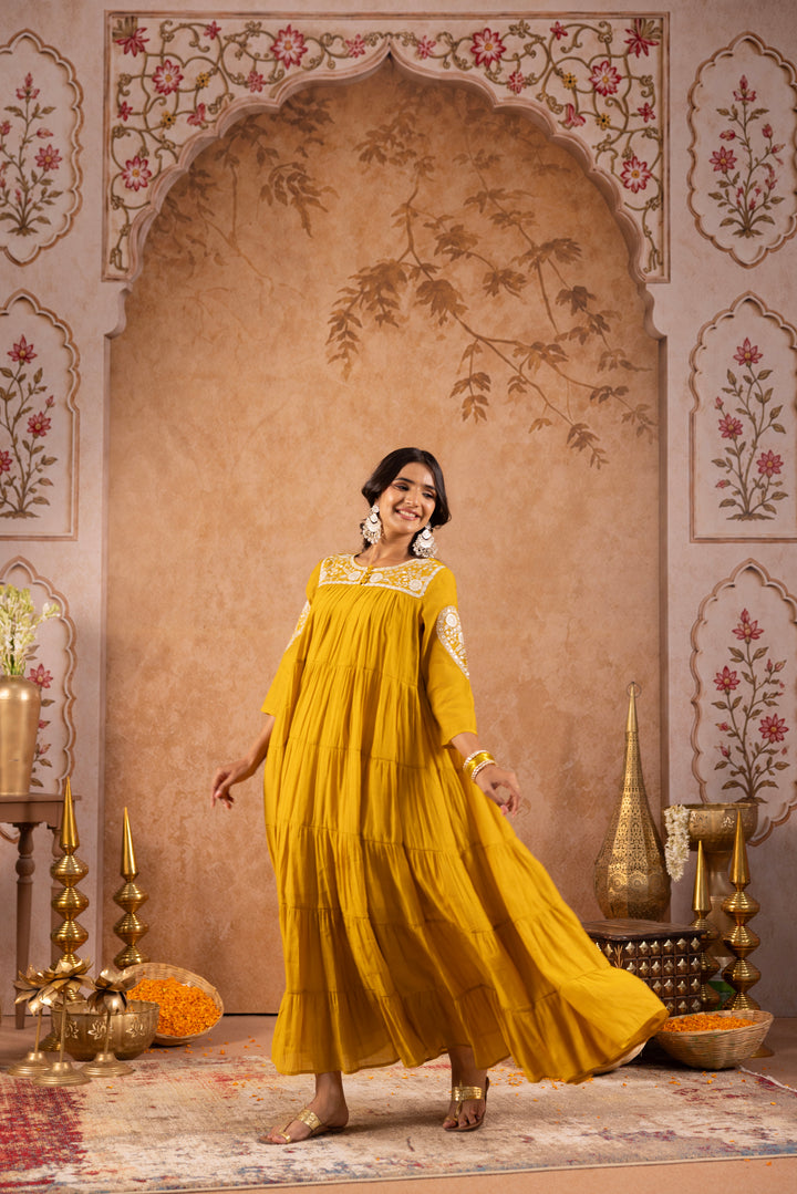 Mustard Mul Chanderi Embroidered Designer Dress