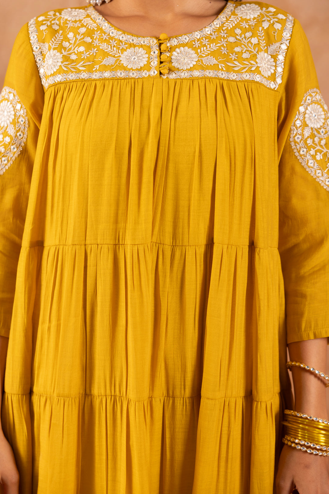 Mustard Mul Chanderi Embroidered Designer Dress