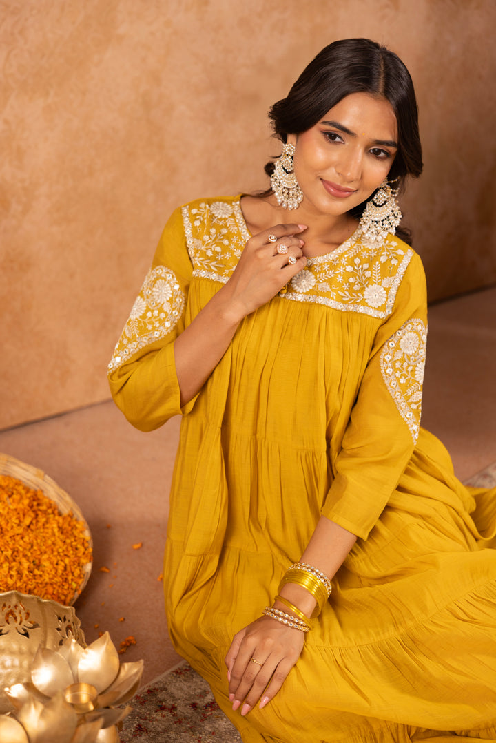 Mustard Mul Chanderi Embroidered Designer Dress