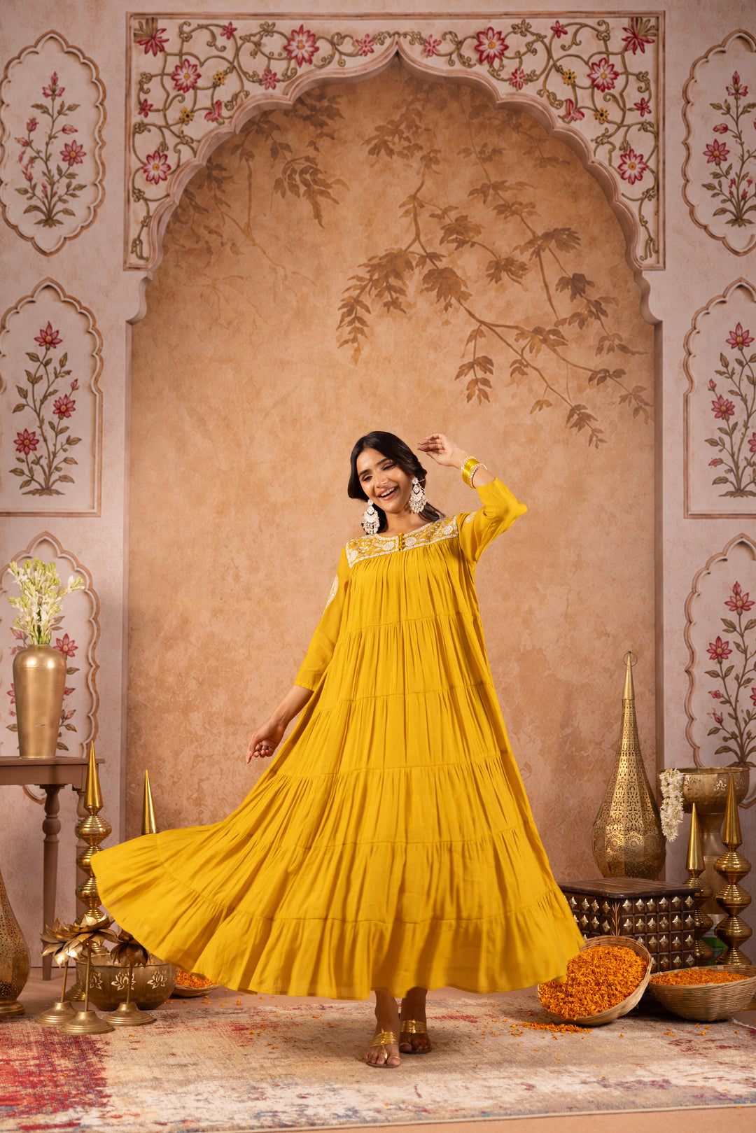 Mustard Mul Chanderi Embroidered Designer Dress