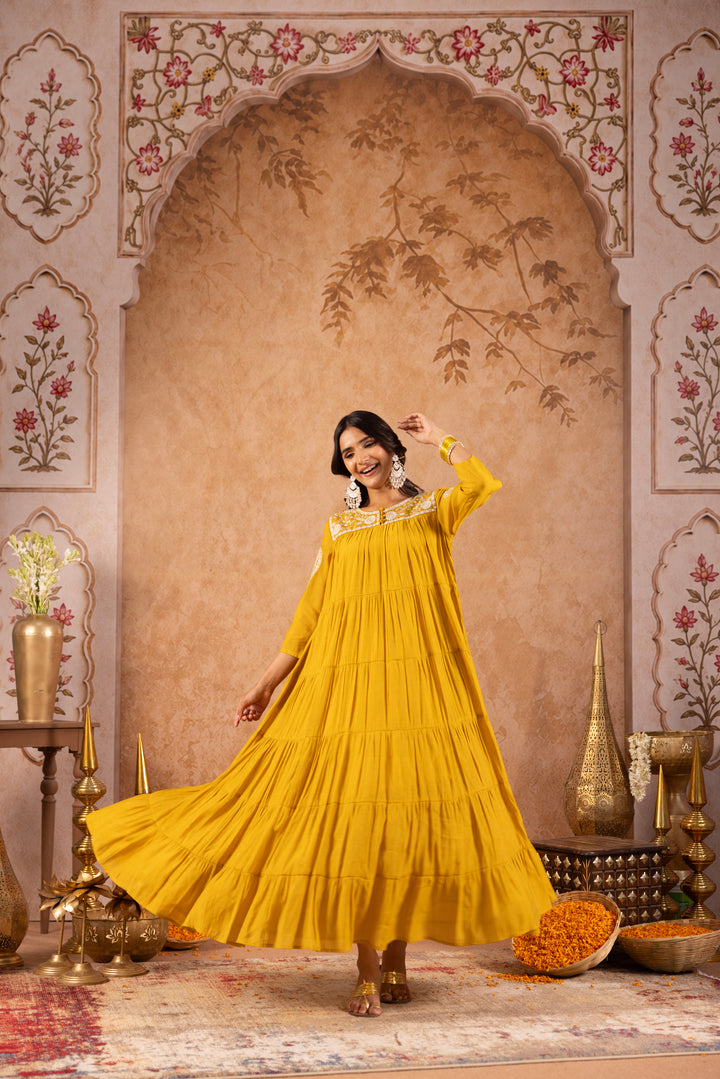 Mustard Mul Chanderi Embroidered Designer Dress