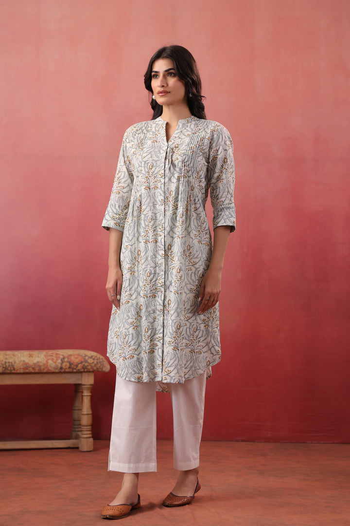 White cotton Floral Print Designer Dress