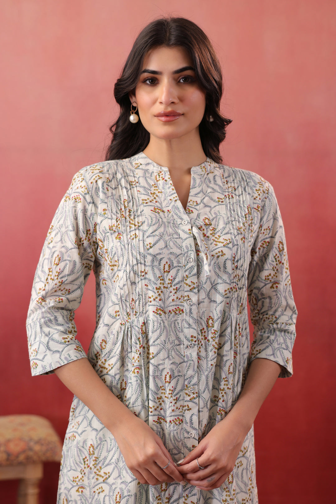 White cotton Floral Print Designer Dress