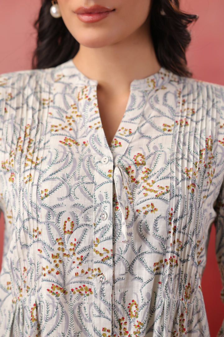 White cotton Floral Print Designer Dress