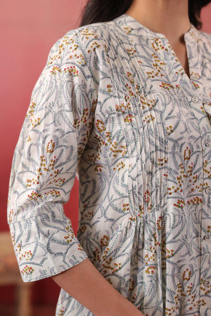 White cotton Floral Print Designer Dress