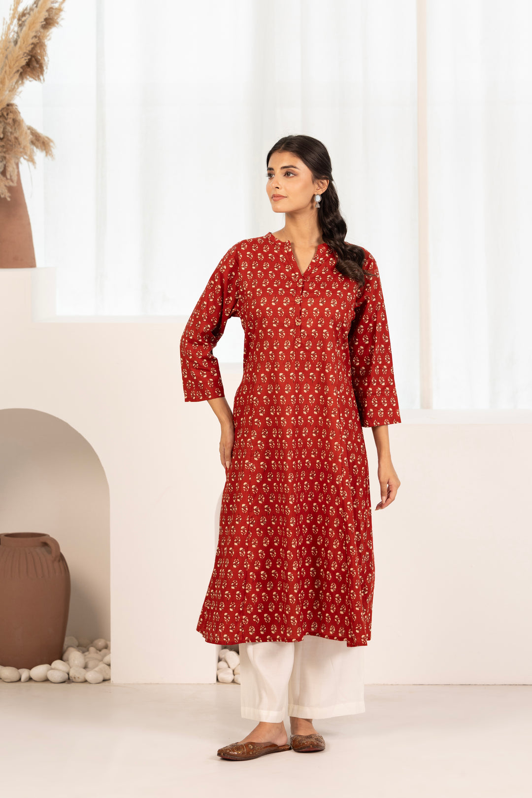 Red Cotton A-line Floral Printed Kurta