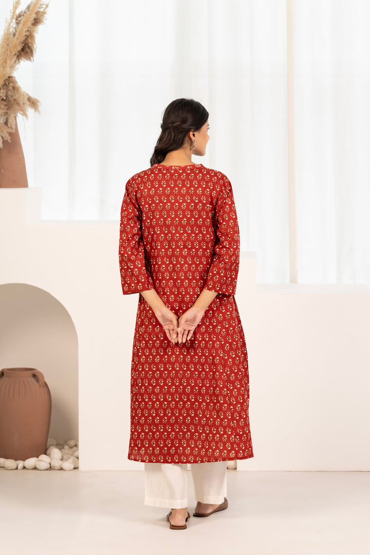 Red Cotton A-line Floral Printed Kurta