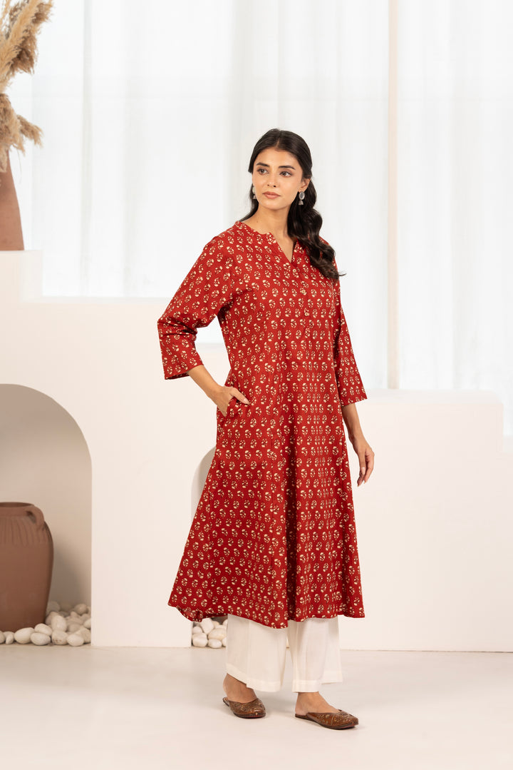 Red Cotton A-line Floral Printed Kurta