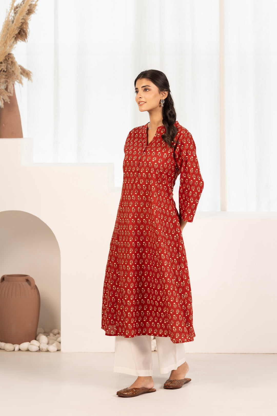 Red Cotton A-line Floral Printed Kurta