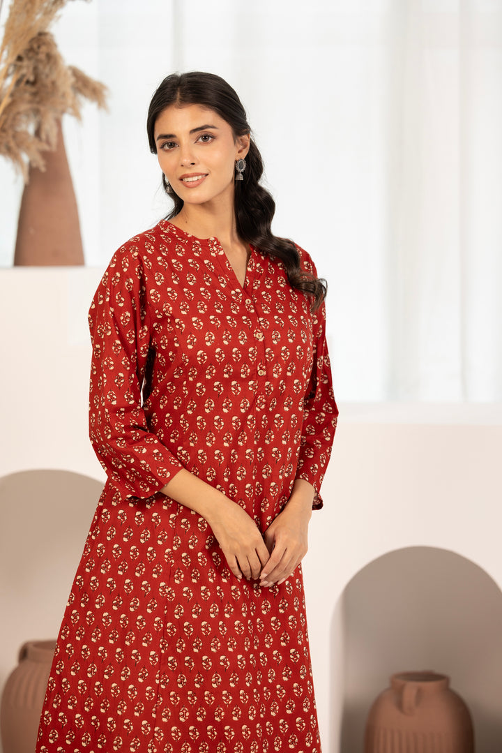 Red Cotton A-line Floral Printed Kurta