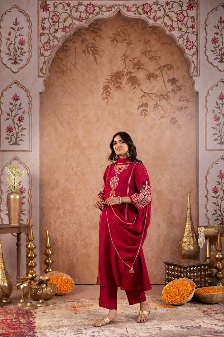 Maroon Silk Blend Embroidered Kurta Pant Dupatta Set
