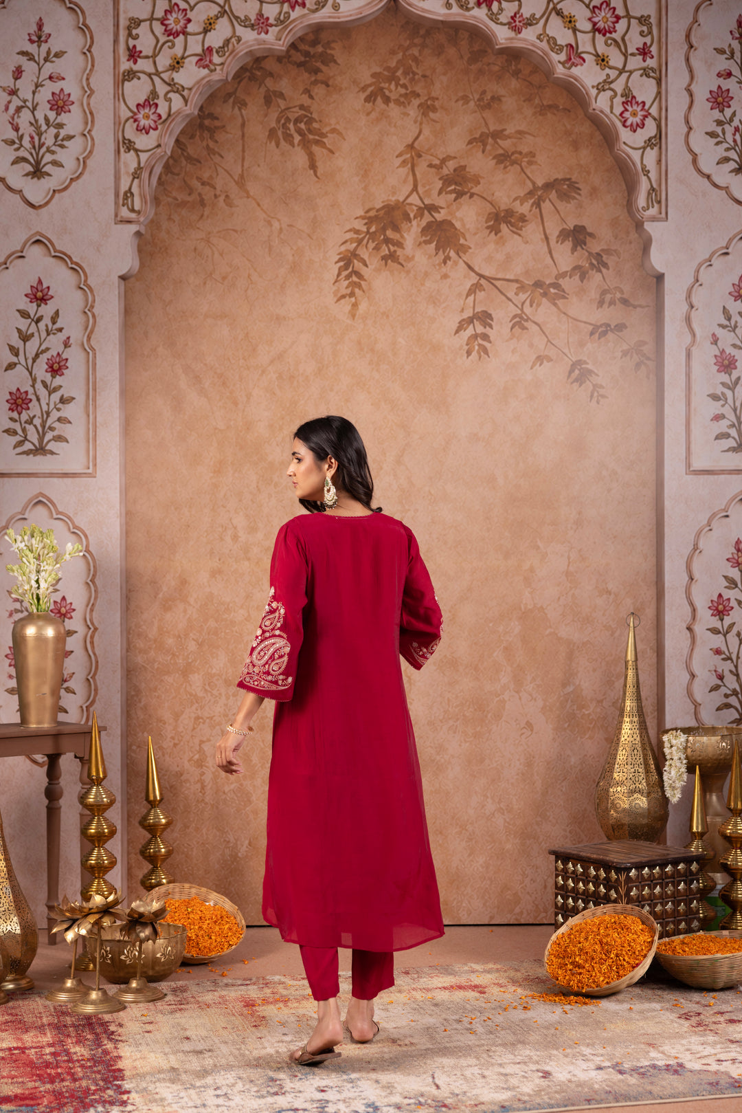 Maroon Silk Blend Embroidered Kurta Pant Dupatta Set