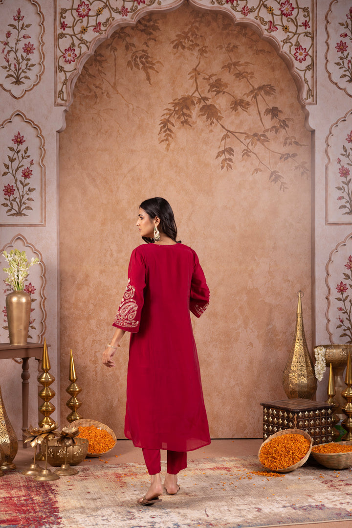 Maroon Silk Blend Embroidered Kurta Pant Dupatta Set