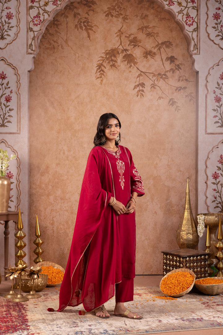 Maroon Silk Blend Embroidered Kurta Pant Dupatta Set