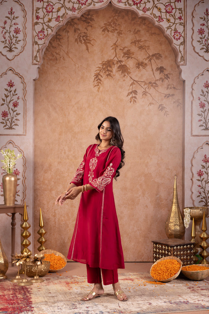 Maroon Silk Blend Embroidered Kurta Pant Dupatta Set