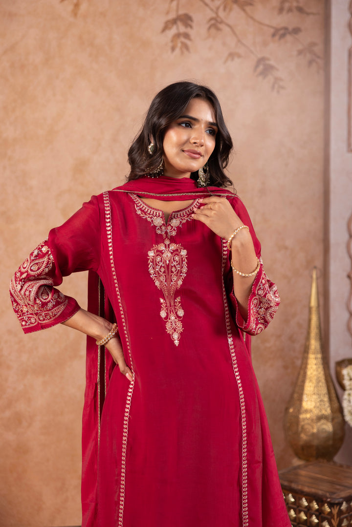 Maroon Silk Blend Embroidered Kurta Pant Dupatta Set