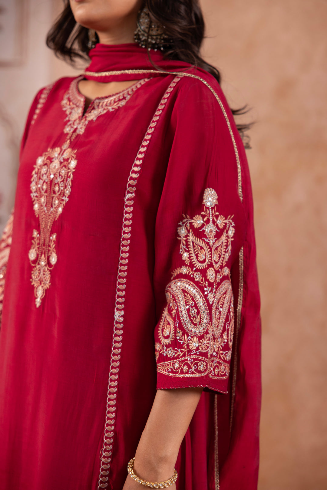 Maroon Silk Blend Embroidered Kurta Pant Dupatta Set