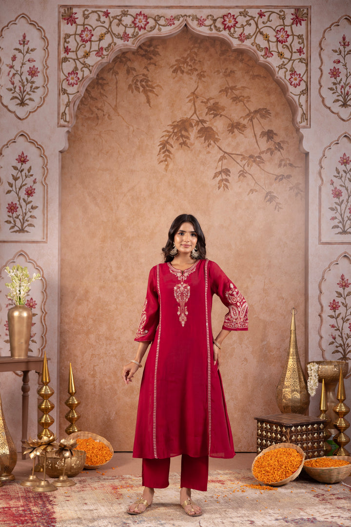 Maroon Silk Blend Embroidered Kurta Pant Dupatta Set