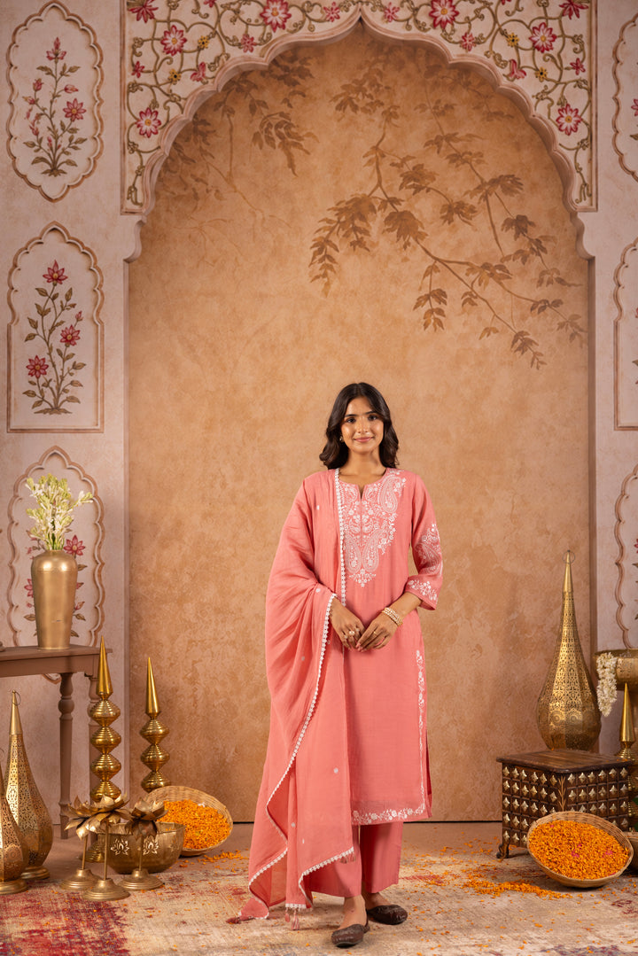 Pink Mul Chanderi Embroidered Designer Kurta Pant With Dupatta Set
