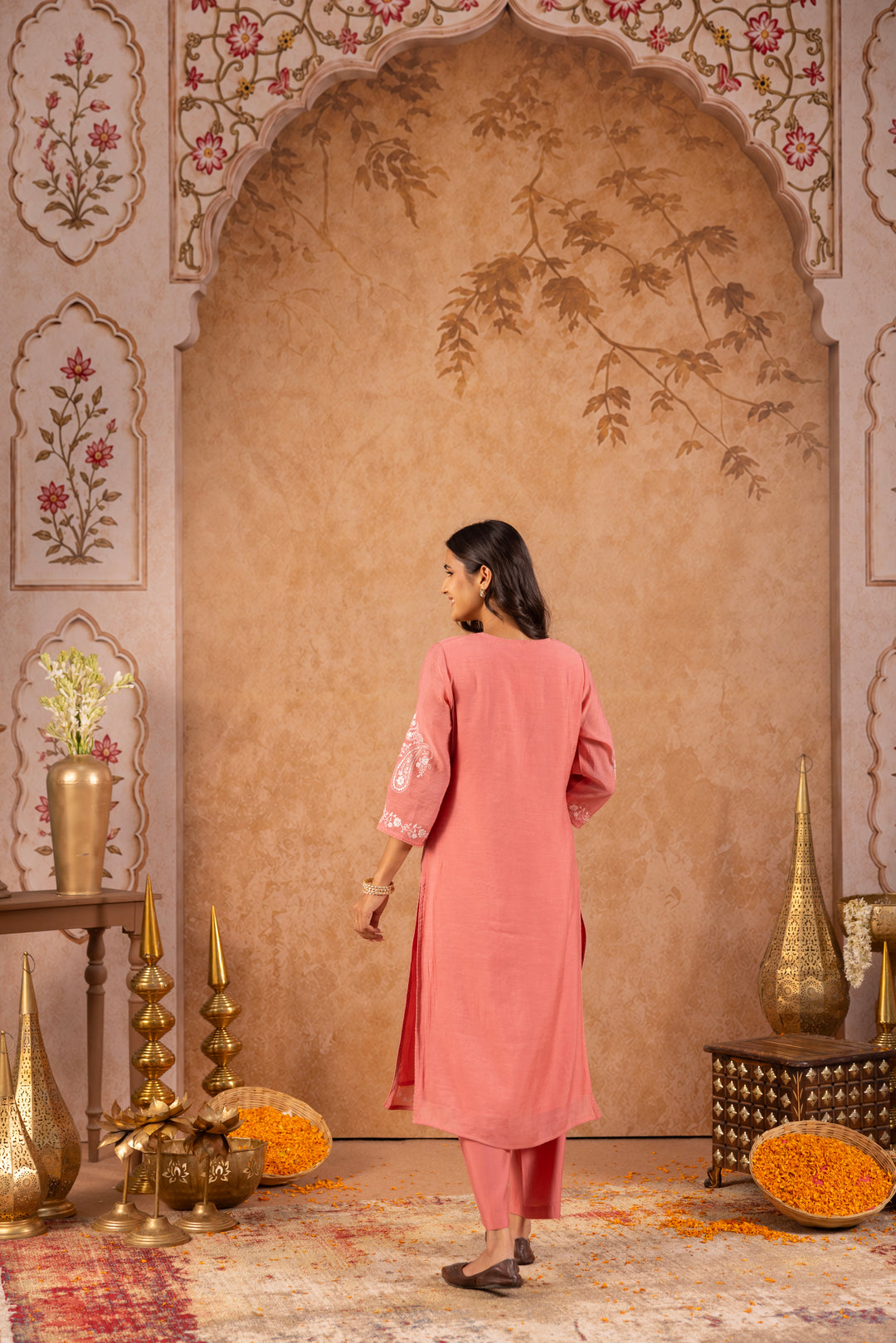 Pink Mul Chanderi Embroidered Designer Kurta Pant With Dupatta Set