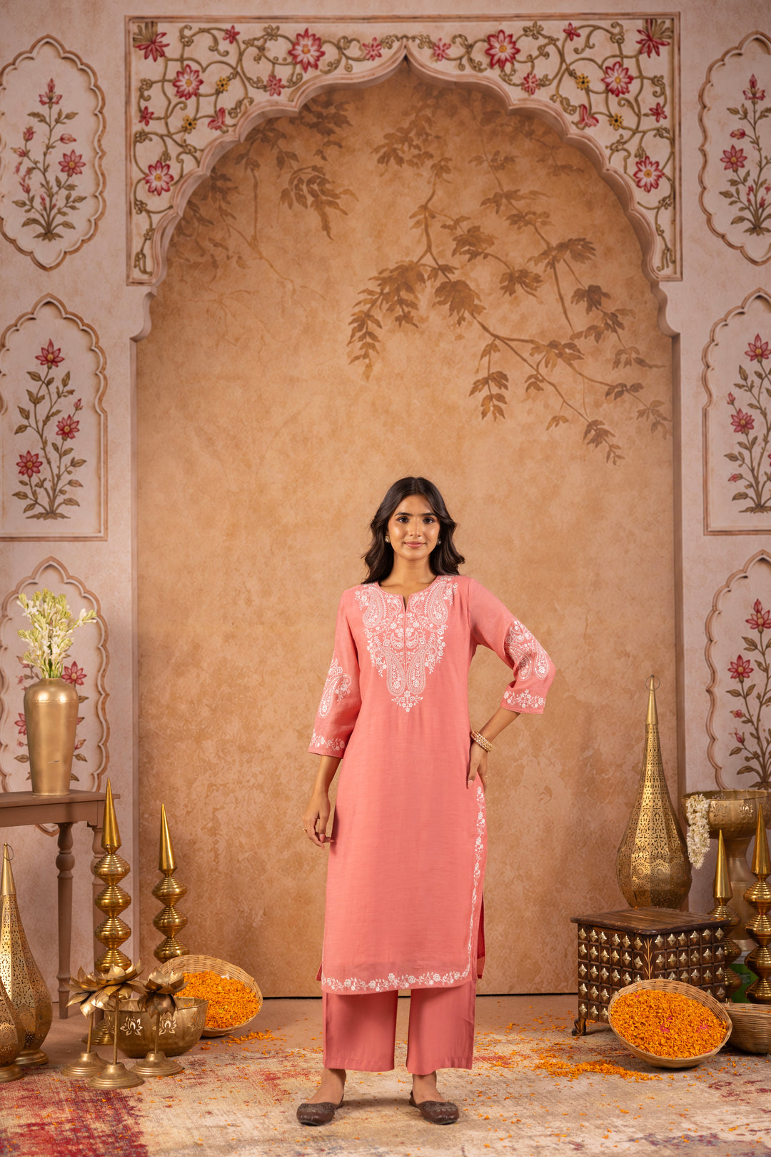 Pink Mul Chanderi Embroidered Designer Kurta Pant With Dupatta Set