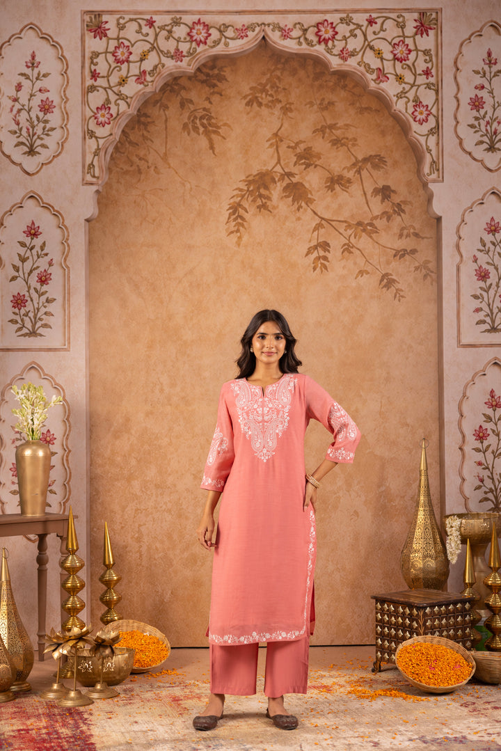 Pink Mul Chanderi Embroidered Designer Kurta Pant With Dupatta Set