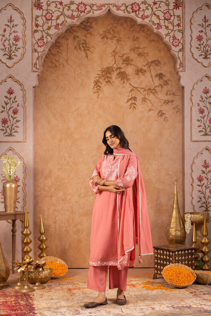 Pink Mul Chanderi Embroidered Designer Kurta Pant With Dupatta Set
