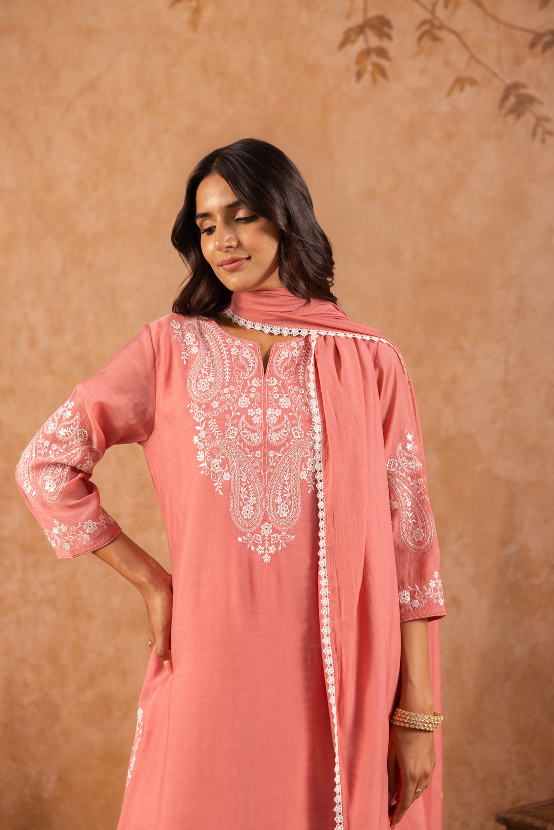 Pink Mul Chanderi Embroidered Designer Kurta Pant With Dupatta Set
