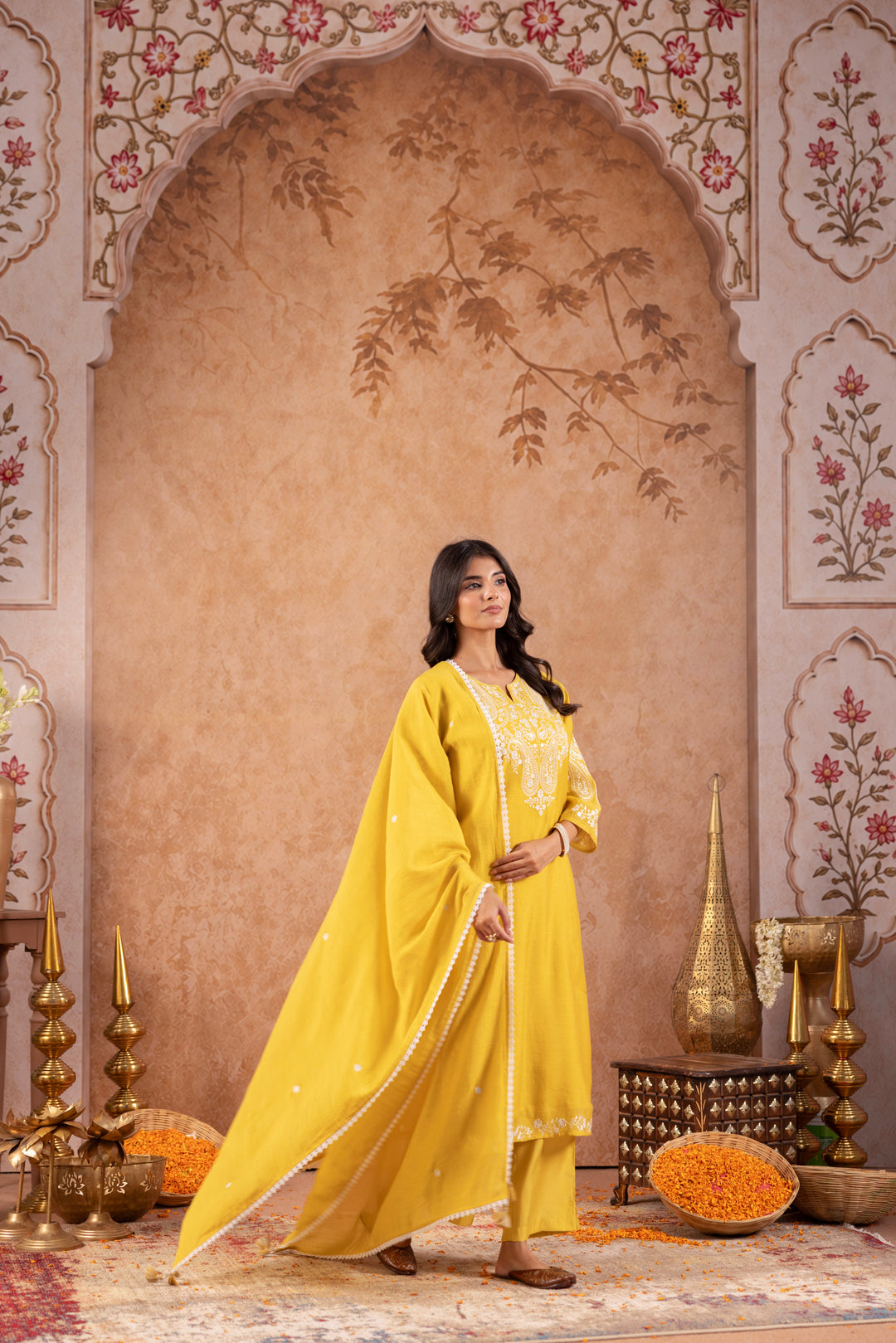 Yellow Mul Chanderi Embroidered Designer Kurta Pant With Dupatta Set