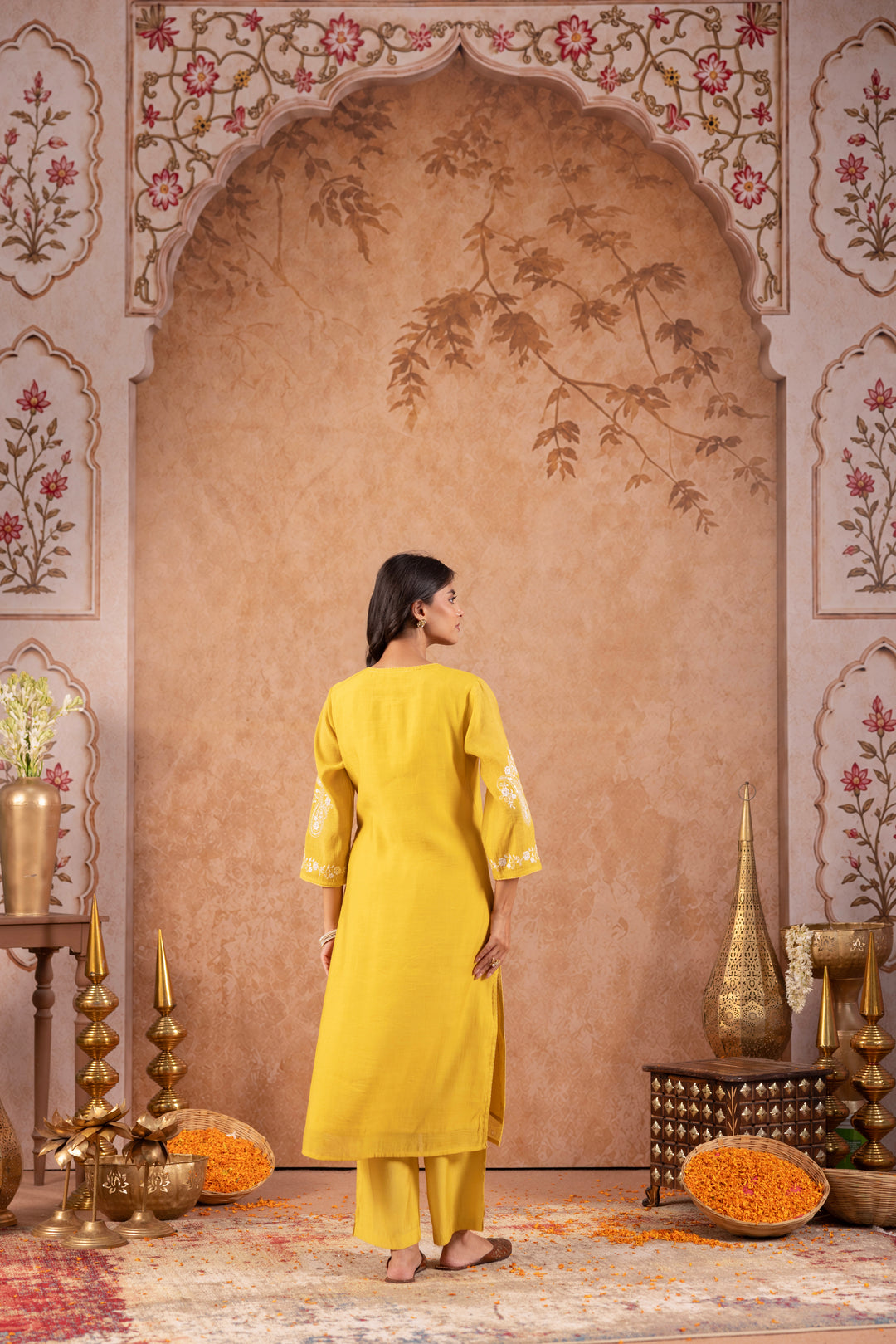 Yellow Mul Chanderi Embroidered Designer Kurta Pant With Dupatta Set