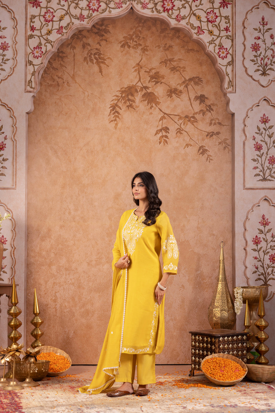 Yellow Mul Chanderi Embroidered Designer Kurta Pant With Dupatta Set