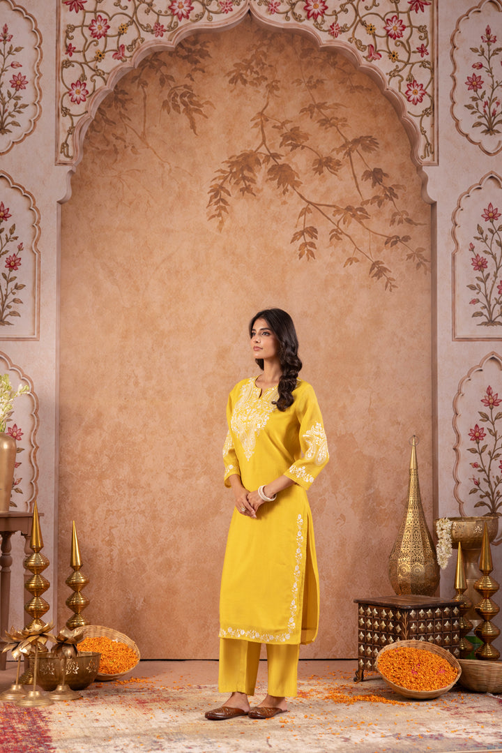 Yellow Mul Chanderi Embroidered Designer Kurta Pant With Dupatta Set