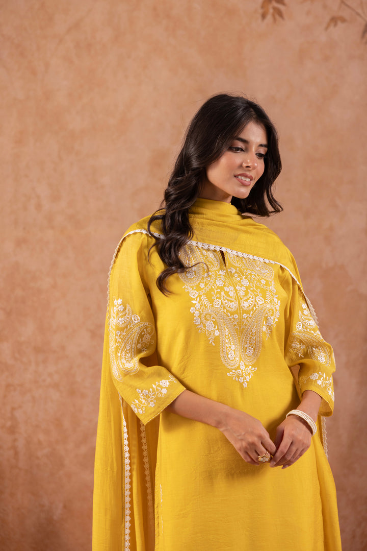 Yellow Mul Chanderi Embroidered Designer Kurta Pant With Dupatta Set
