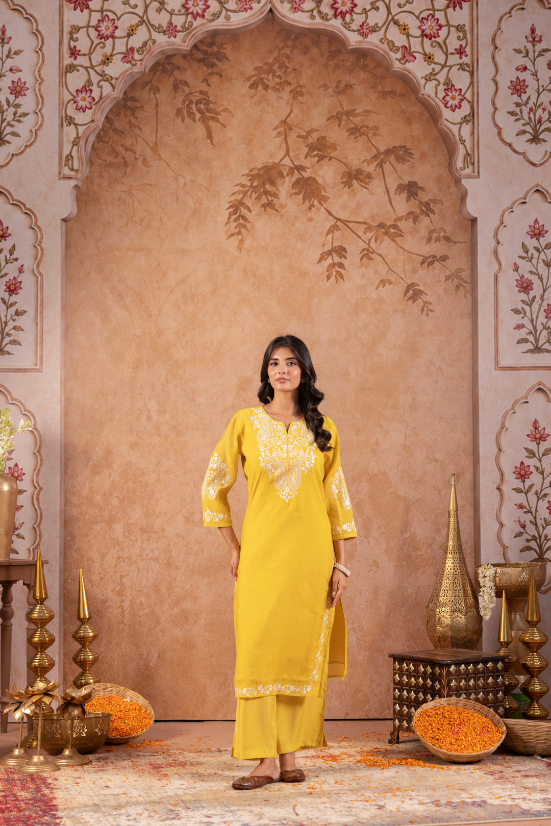 Yellow Mul Chanderi Embroidered Designer Kurta Pant With Dupatta Set