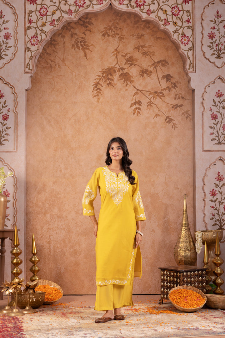 Yellow Mul Chanderi Embroidered Designer Kurta Pant With Dupatta Set