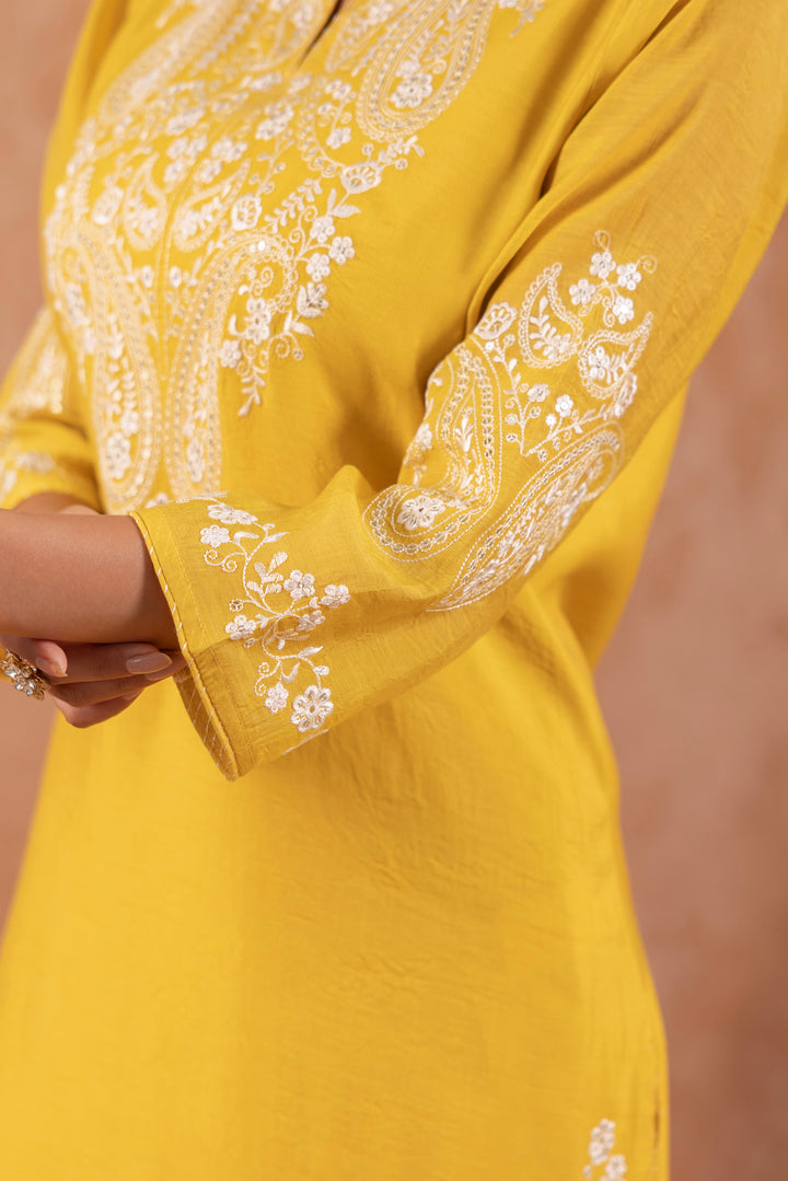 Yellow Mul Chanderi Embroidered Designer Kurta Pant With Dupatta Set