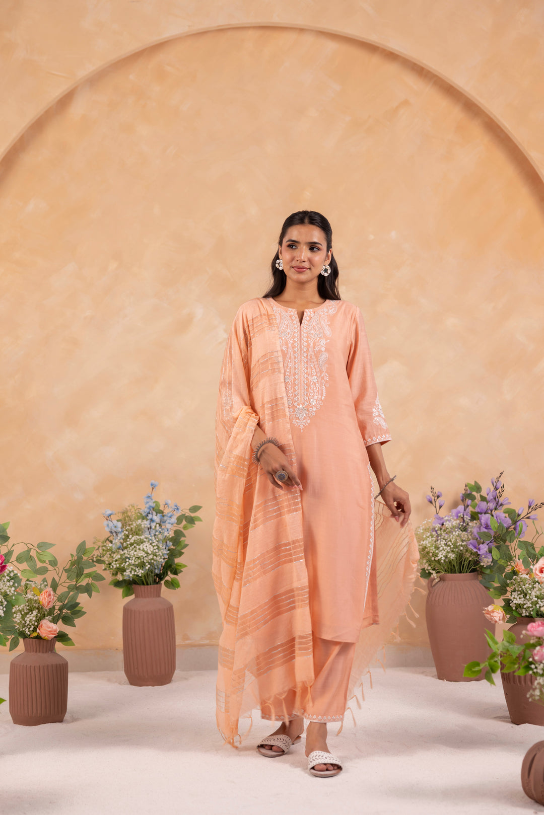 Peach Poly Silk Embroidered Designer Kurta Pant With Dupatta Set