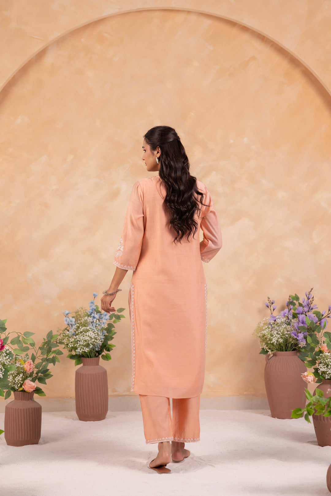 Peach Poly Silk Embroidered Designer Kurta Pant With Dupatta Set