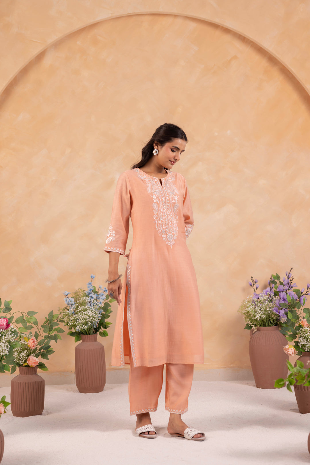 Peach Poly Silk Embroidered Designer Kurta Pant With Dupatta Set