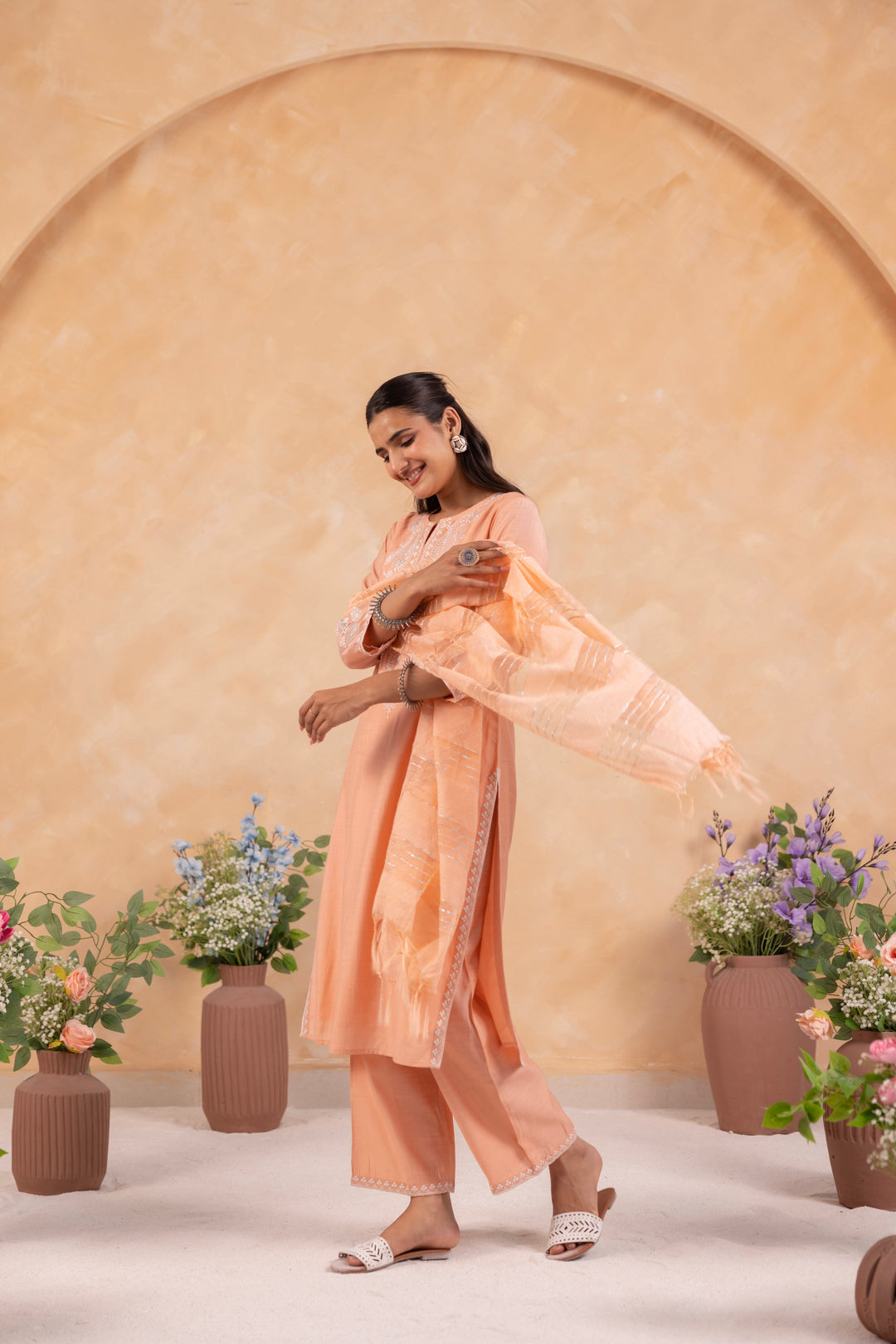 Peach Poly Silk Embroidered Designer Kurta Pant With Dupatta Set