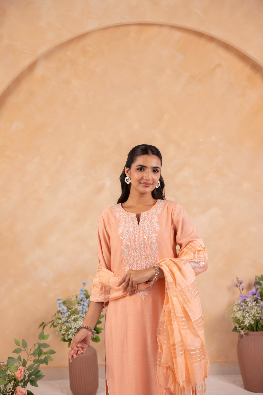 Peach Poly Silk Embroidered Designer Kurta Pant With Dupatta Set