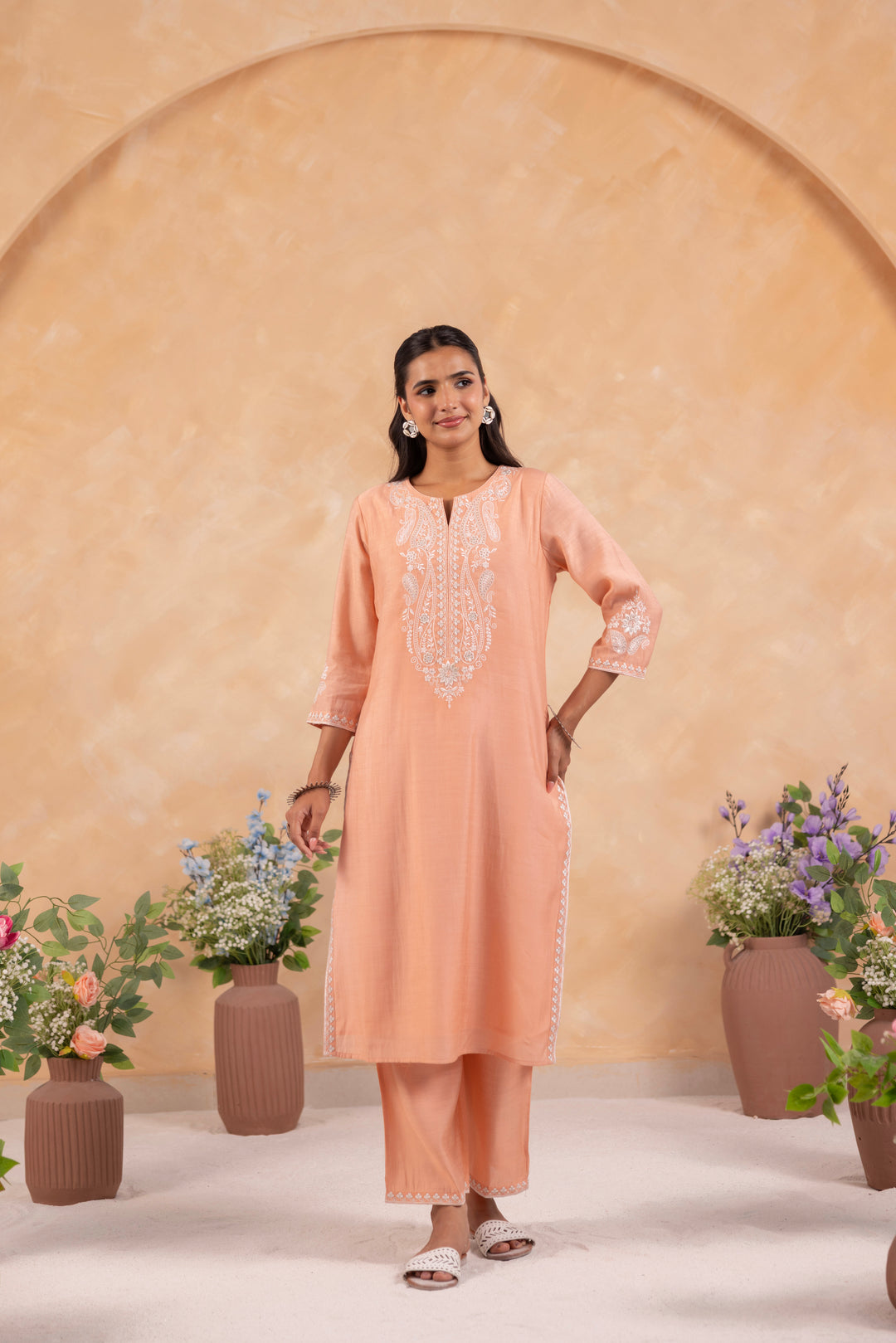 Peach Poly Silk Embroidered Designer Kurta Pant With Dupatta Set